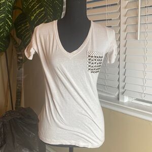 White V-Neck Top with Leopard Pocket
